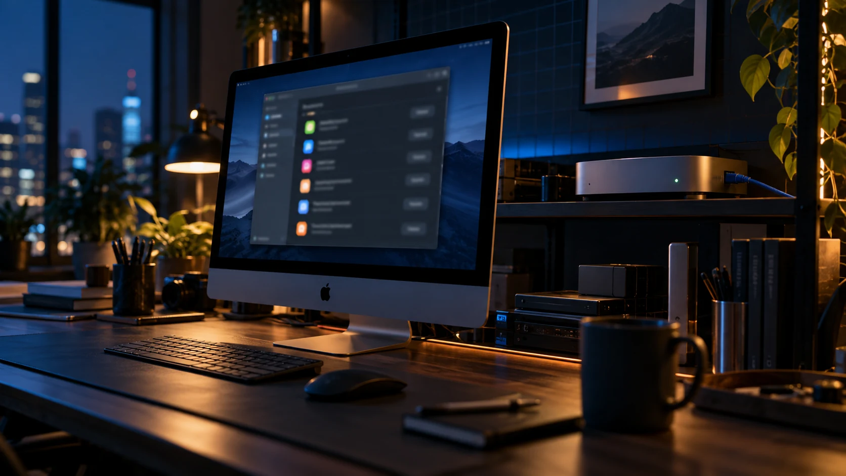 An iMac on a desk at night showing a software update window with a list of apps, and a Mac mini server with a green status light on the shelf behind it