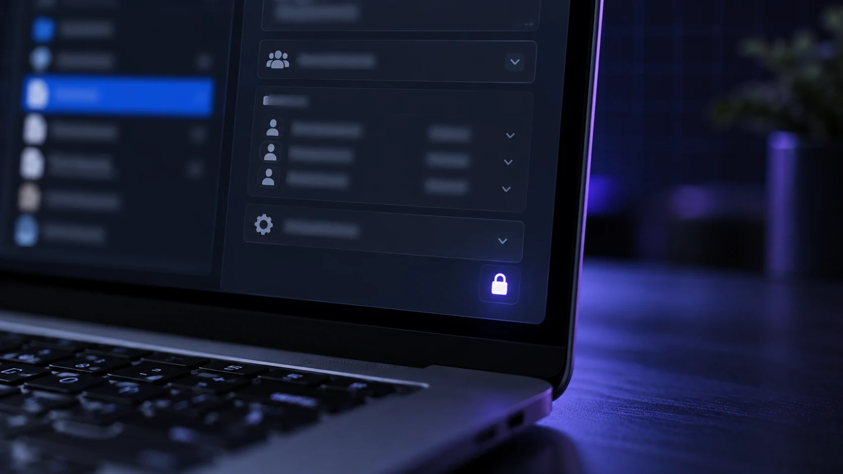 Close-up of a MacBook screen showing a sharing and permissions panel with user rows, privilege dropdowns and a glowing padlock icon