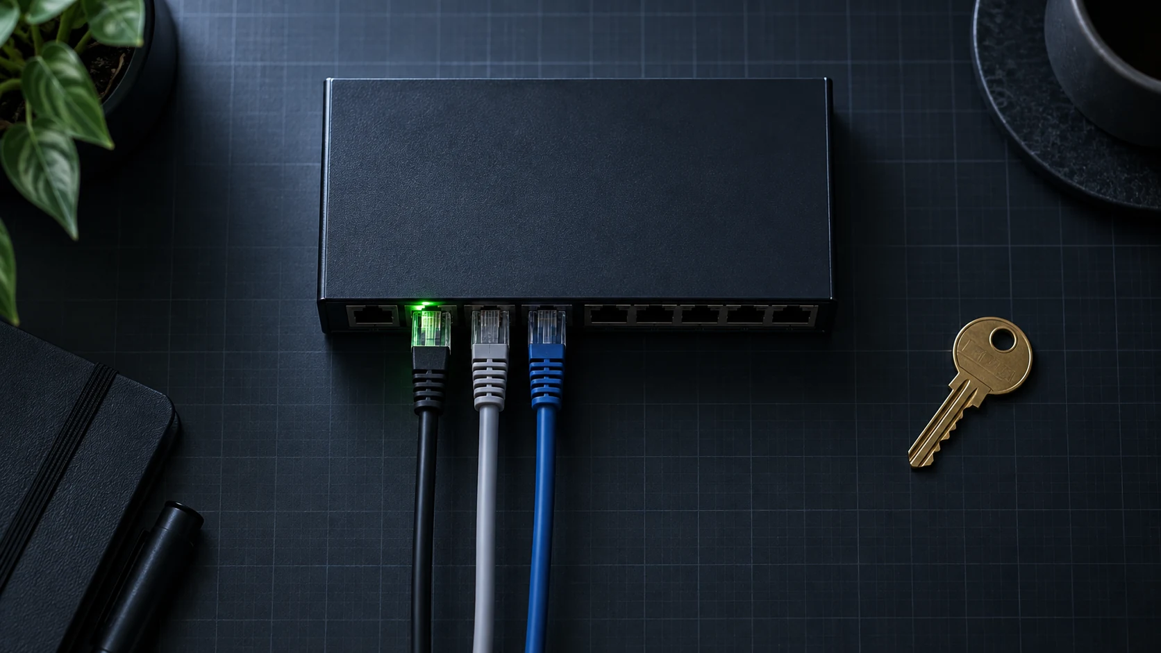 Top-down view of a small network switch on a dark desk with three patch cables, one port lit green, and a brass key beside it