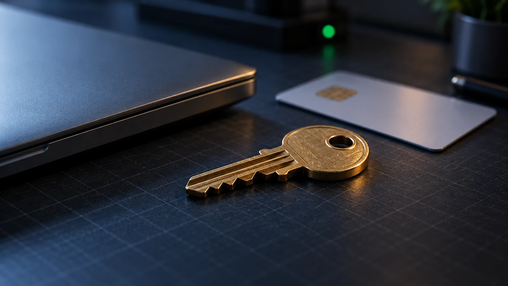 A brass key resting on a dark desk beside a closed laptop, with a blank smart card lying behind it
