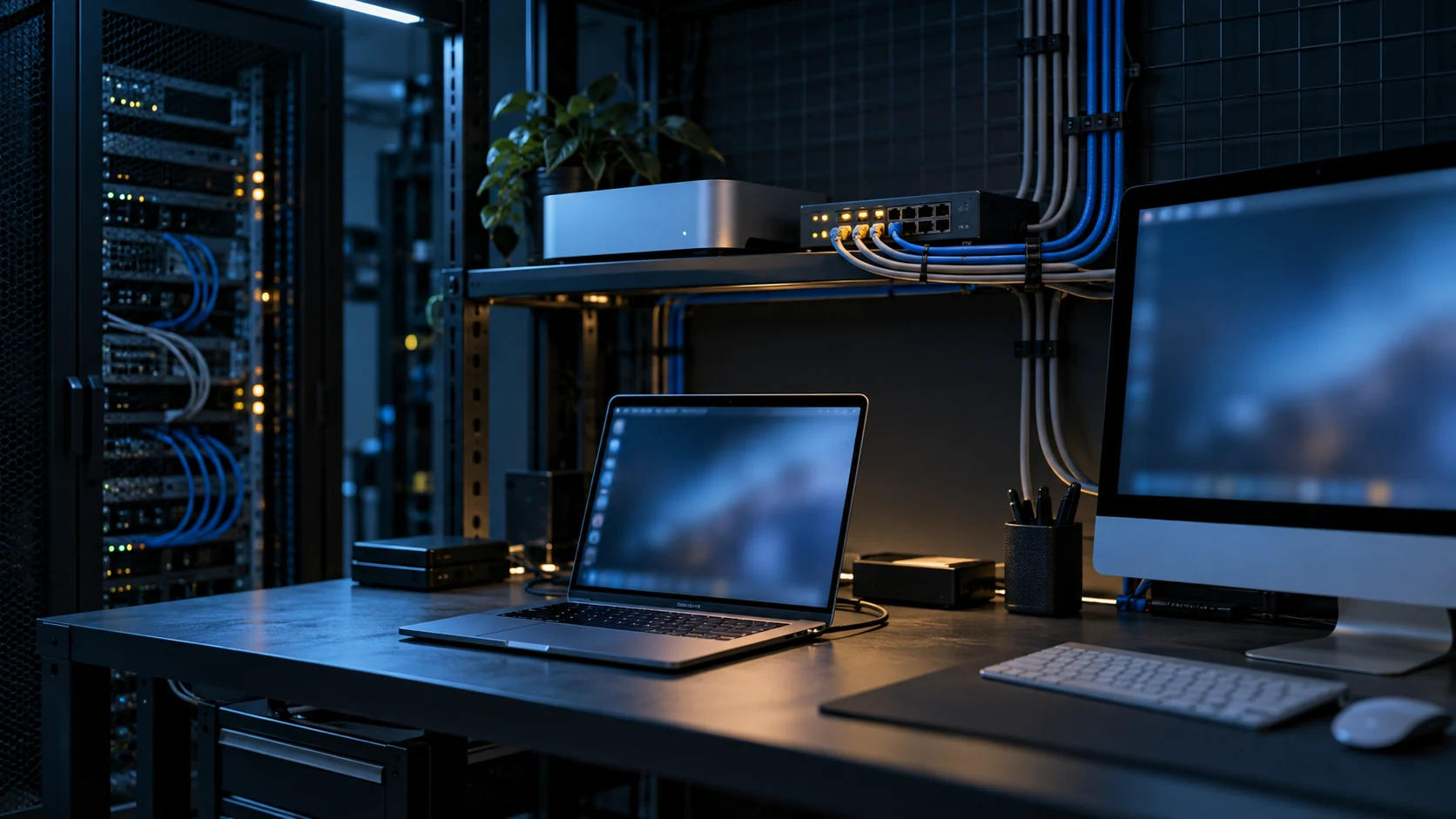 A Mac admin workbench in a dim server closet with a MacBook, an iMac, a Mac mini and a network switch on the shelf, cabled into a server rack