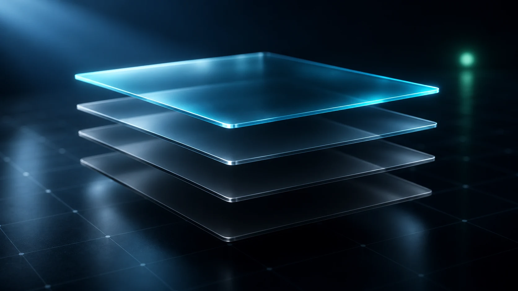 Four translucent glass layers stacked and offset above a dark grid, the top layer edged in cyan light