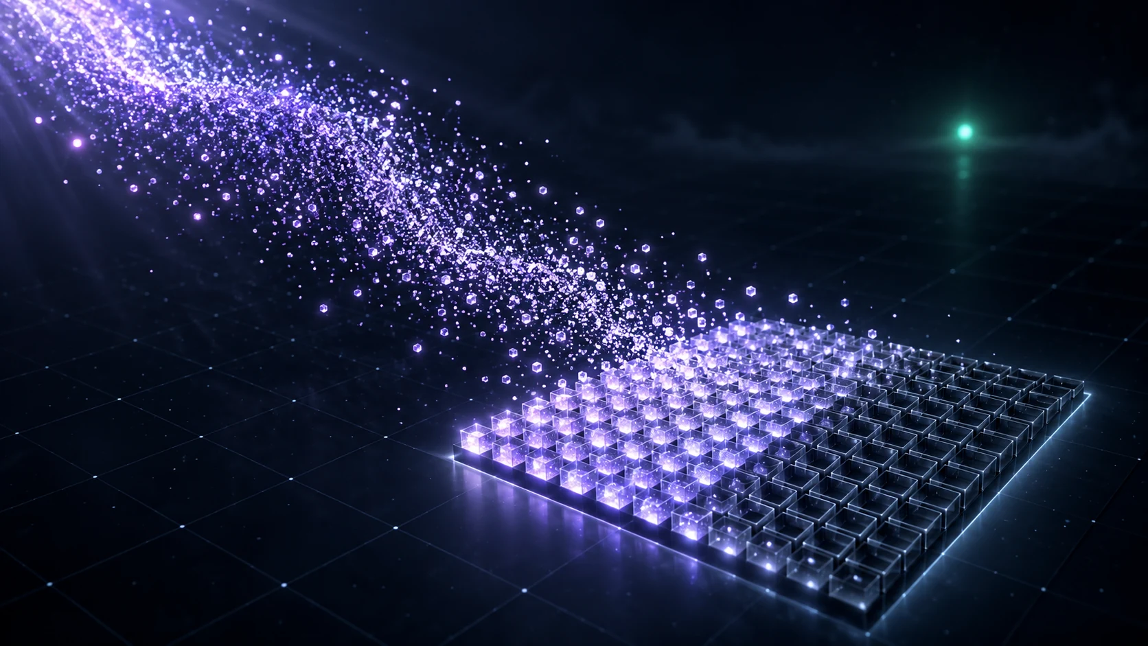 A stream of violet particles settling into a glowing rectangular lattice of cells, half filled and half still forming