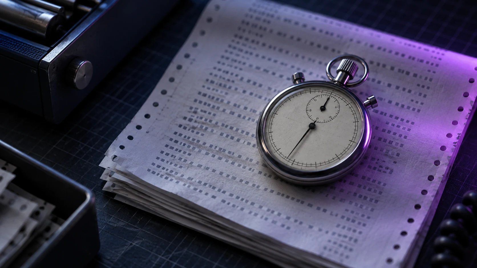 Top-down view of a mechanical stopwatch resting on a stack of folded dot-matrix printer paper on a dark desk, lit by a violet glow