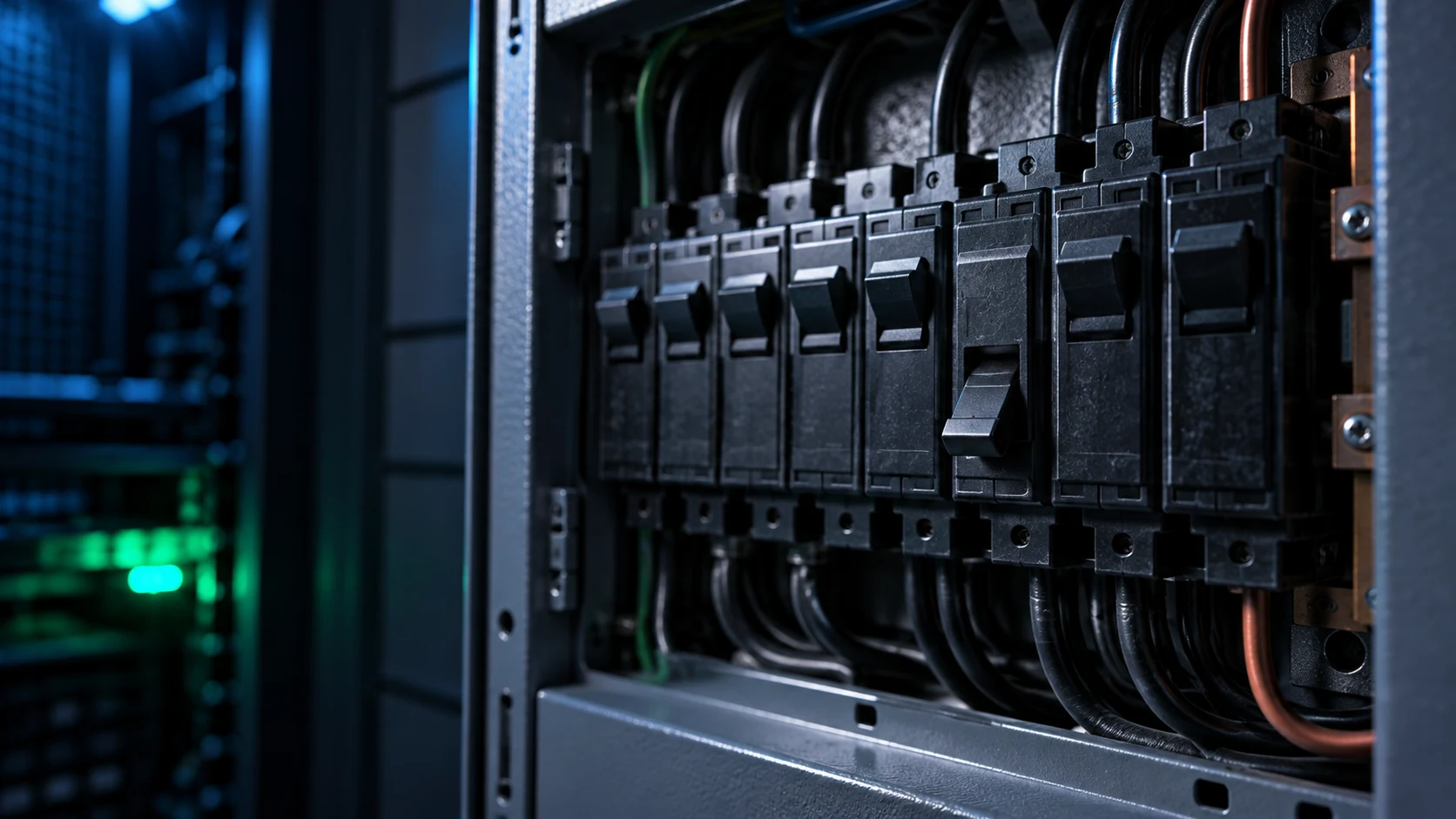 Close-up of an open breaker panel in a small server closet with one black circuit breaker switched off and a green light in the background