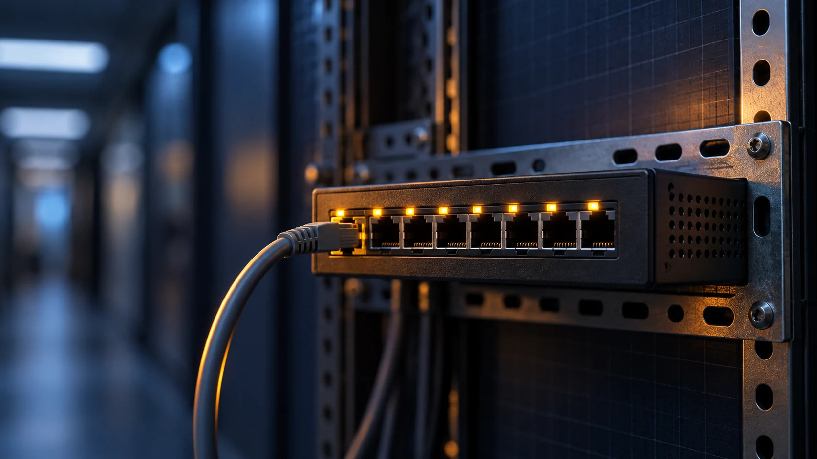 Macro view of a small network switch on a perforated metal wall bracket, its port lights glowing amber with one ethernet cable plugged in