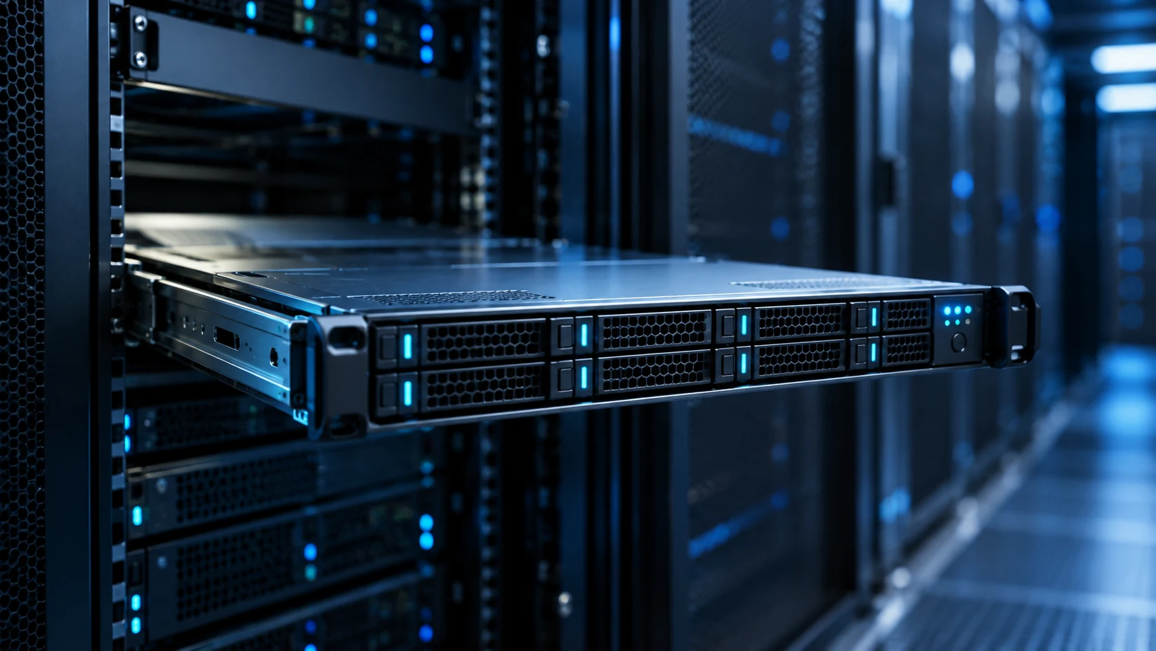 A 1U rack-mount web server pulled halfway out on its rails in a dim server aisle, its drive bays and status lights lit in cyan
