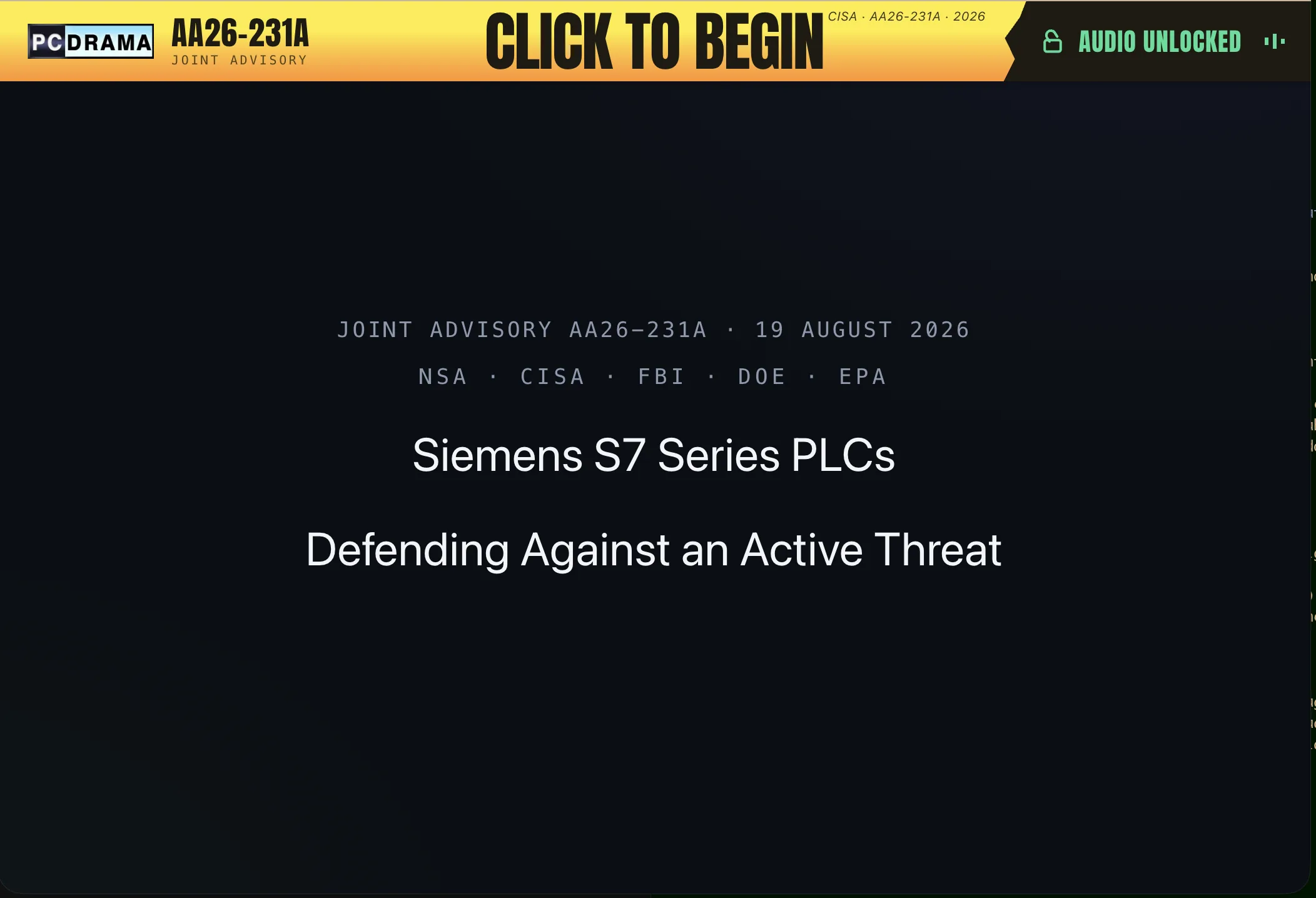 PCDrama AA26-231A briefing deck reading Siemens S7 Series PLCs, Defending Against an Active Threat