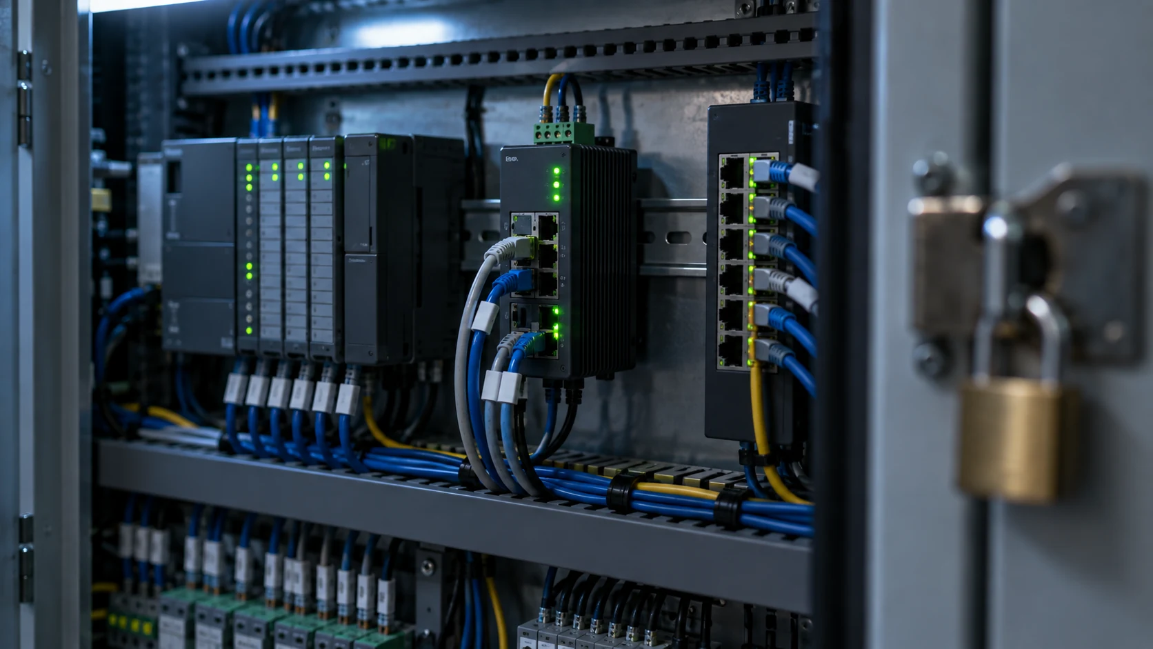 Industrial control cabinet with a DIN-rail firewall mounted between PLC modules and a network switch, a brass padlock on the door hasp in the foreground
