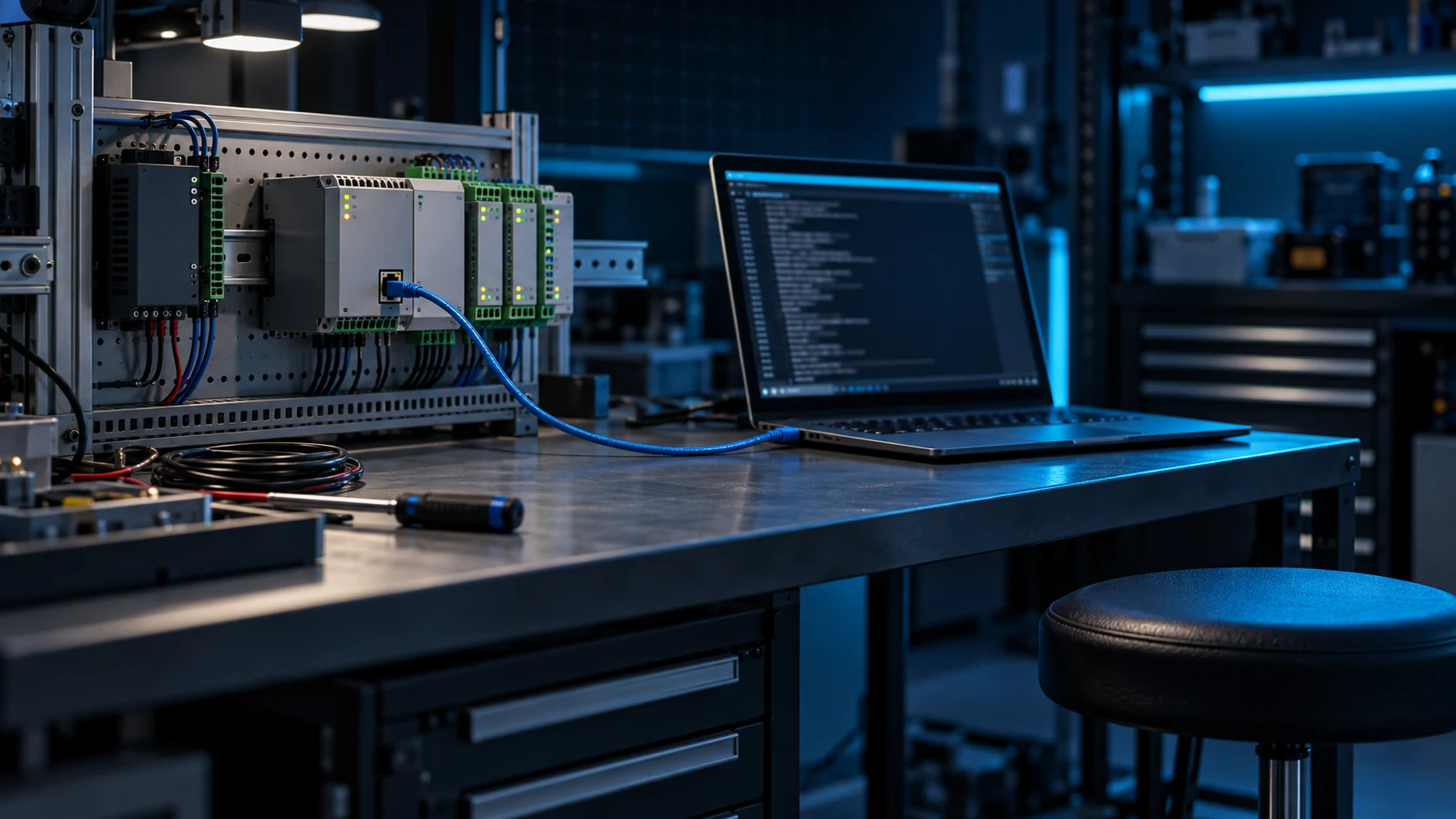 A laptop on a steel test bench running a script in a terminal window, connected by a blue Ethernet cable to a DIN-rail PLC with green terminal blocks