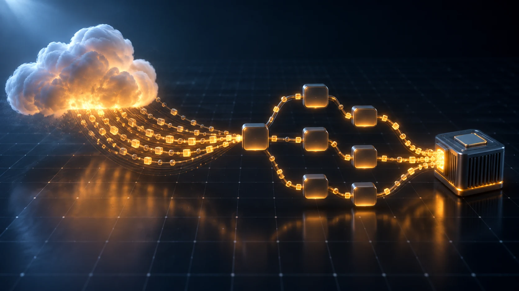 Amber streams of data flowing out of a glowing cloud and assembling into a branching tree that ends at a small hardware block