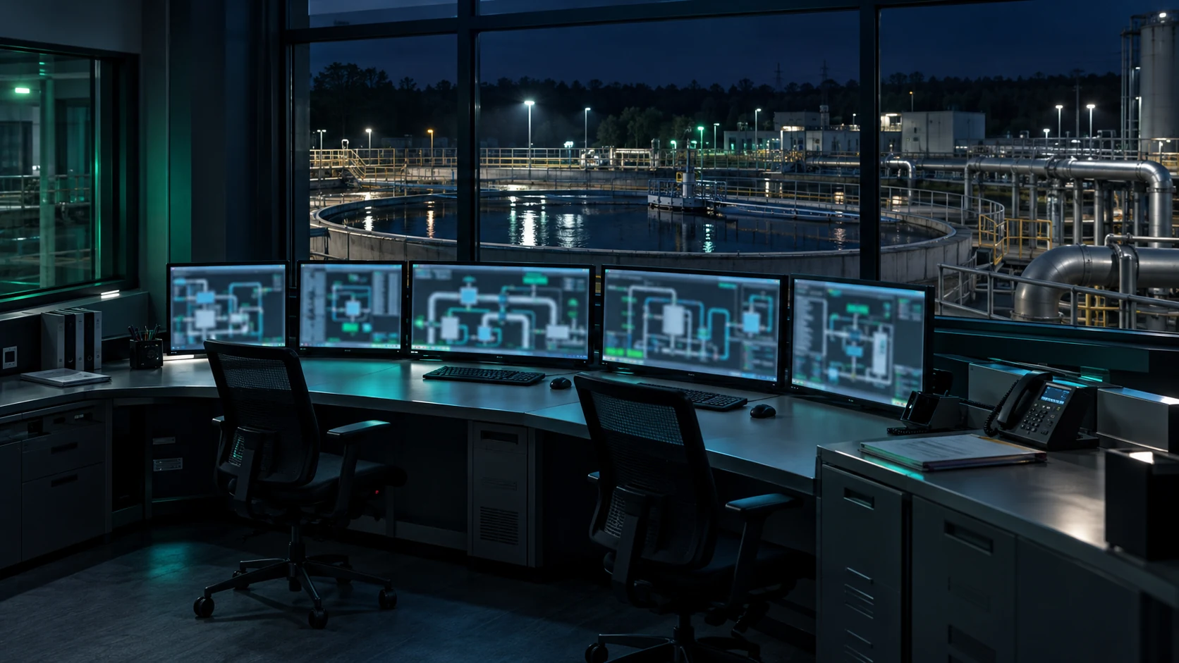 An empty water treatment plant control room at night, monitors showing blurred process diagrams of pipes and tanks, clarifier basins visible through the window