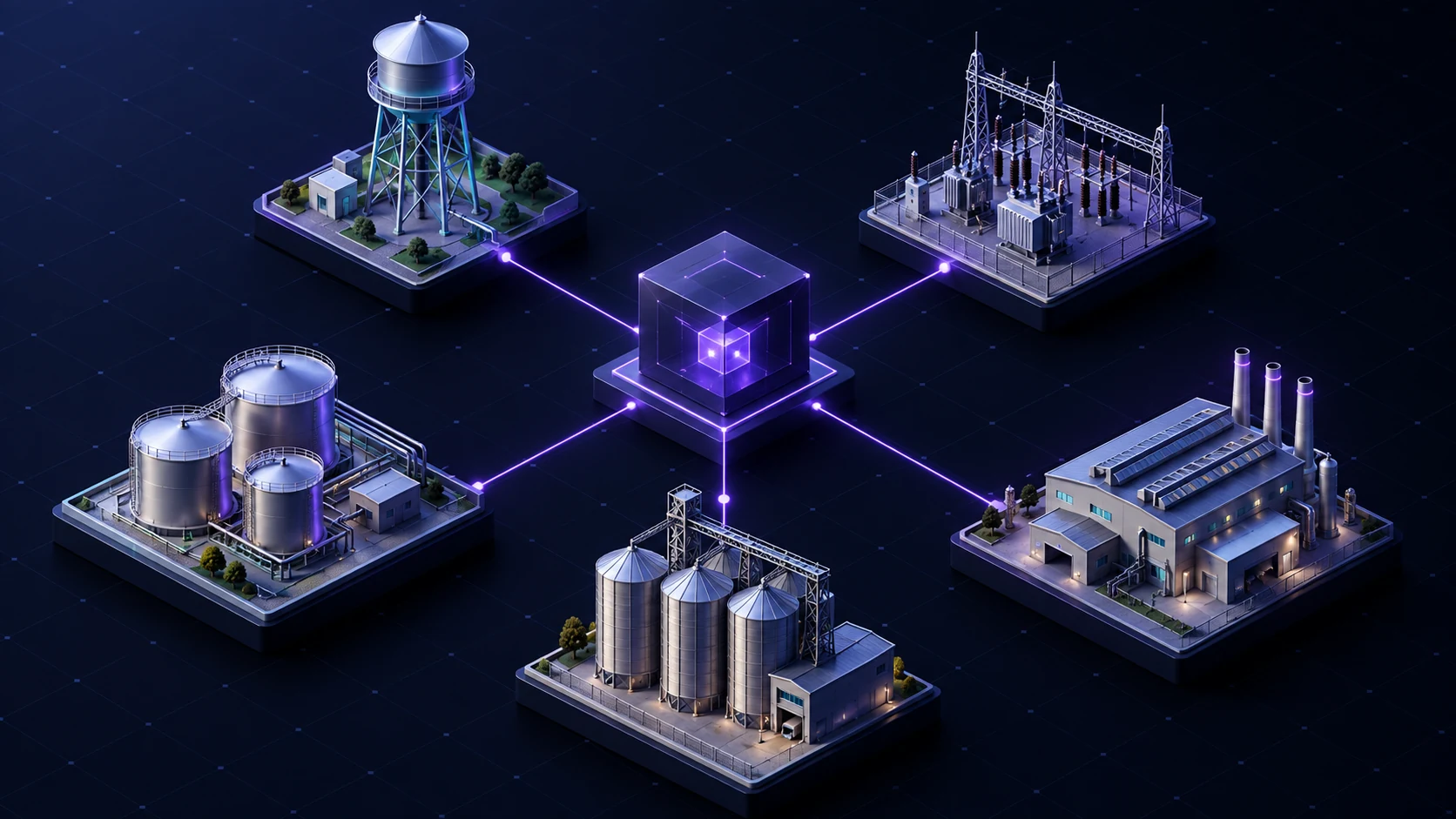 Isometric tiles showing a water tower, a power substation, chemical tanks, grain silos and a factory, each linked by violet lines to one controller cube