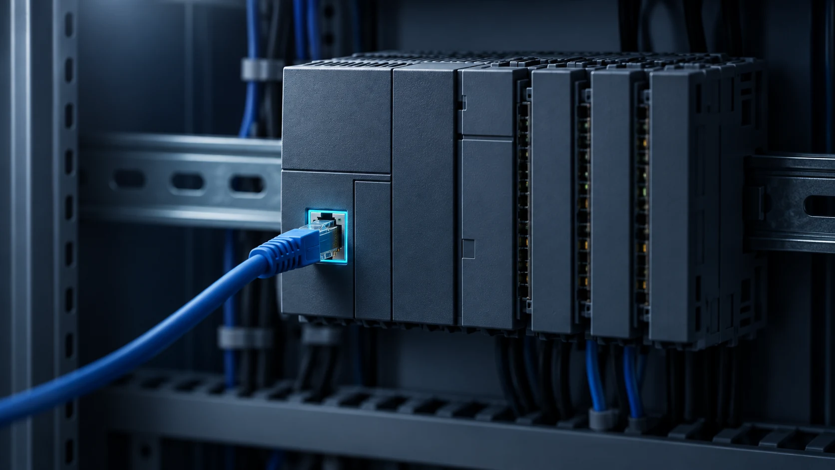 Close-up of an unbranded grey PLC CPU module on a DIN rail with a blue Ethernet cable plugged into its network port