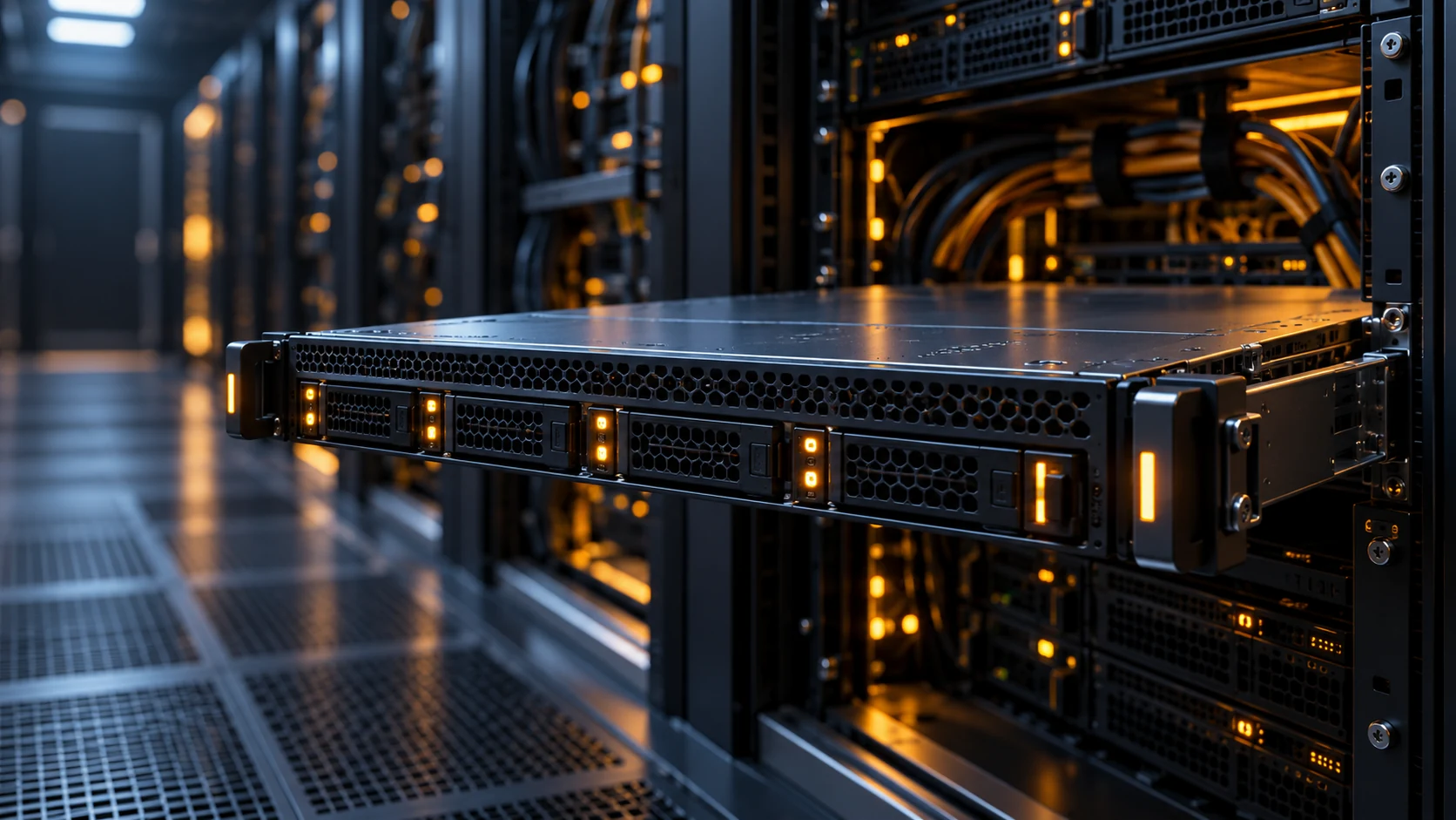 A single rack server pulled slightly forward in a dim data centre aisle, its status lights glowing amber