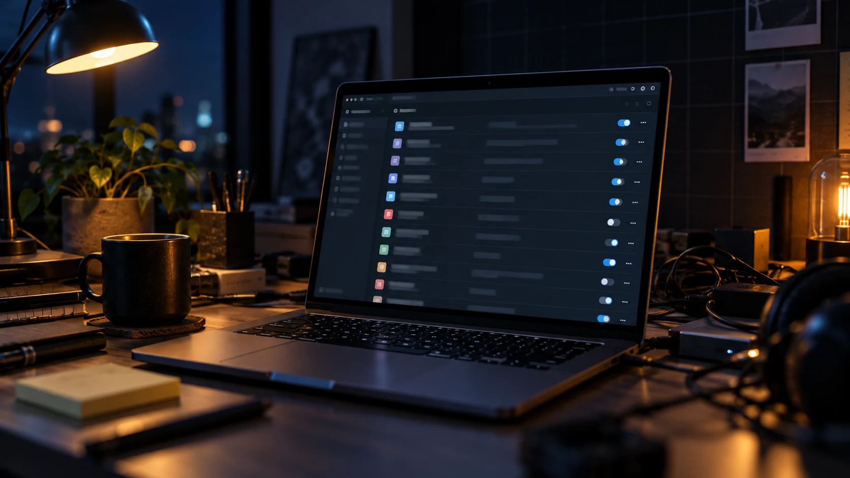 A laptop on a desk at night showing a long admin list of plugins, each with a colored icon and a toggle switch, most of them switched on