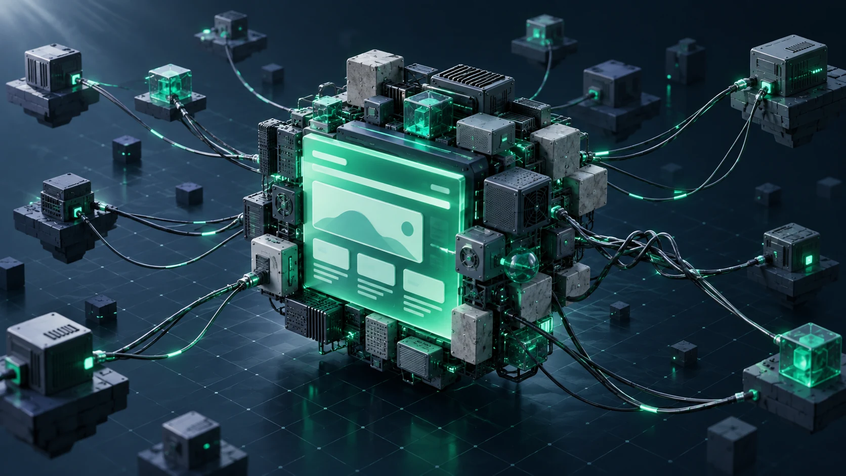 Isometric render of a glowing central block with many small modules bolted on and cables pulling it toward distant boxes