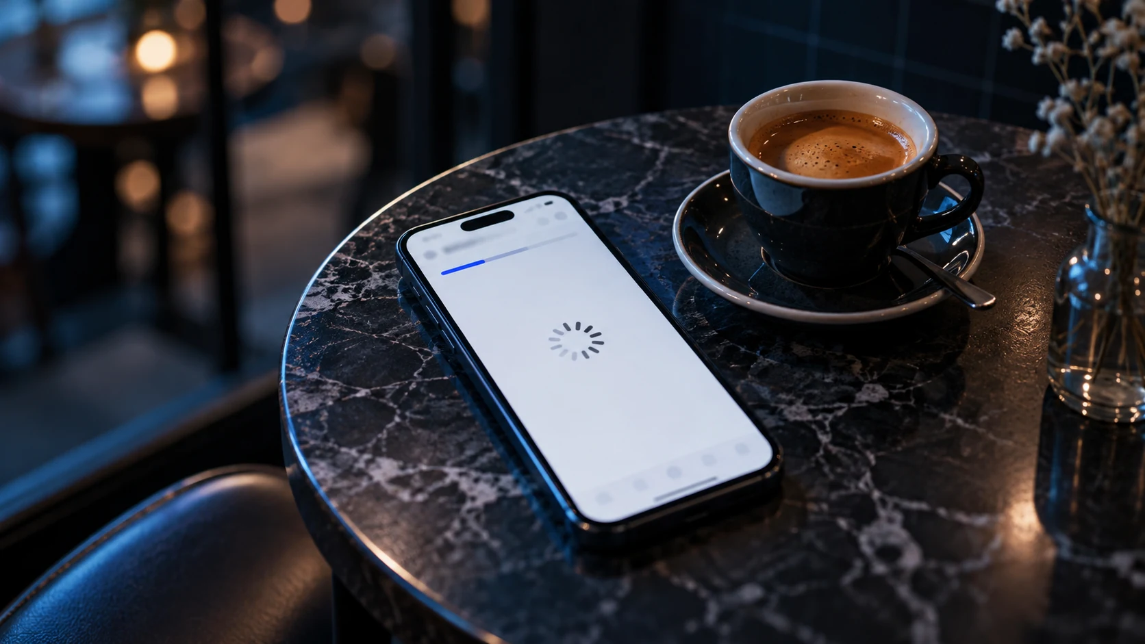 A smartphone on a marble café table next to an espresso, its screen white except for a loading spinner and a progress bar stuck a third of the way