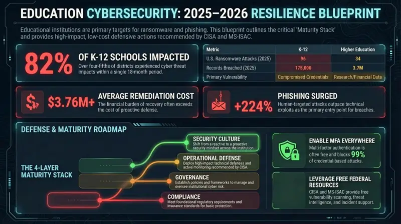 Education Cybersecurity 2025-2026 Resilience Blueprint infographic showing the four-layer maturity stack, K-12 vs higher ed threat statistics, and CISA defense roadmap