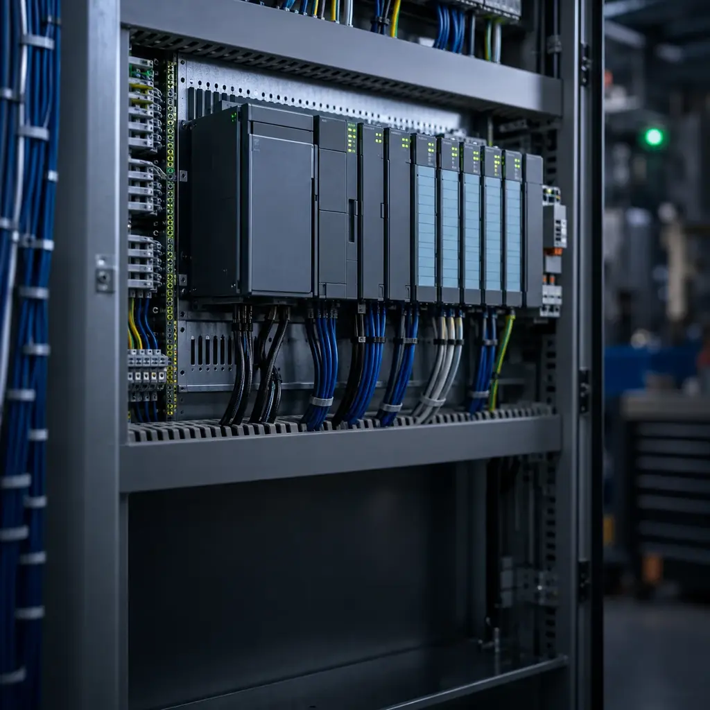 An open control cabinet with a PLC rack on DIN rail, processor and plug in modules seated in a row beside neatly combed wire duct.