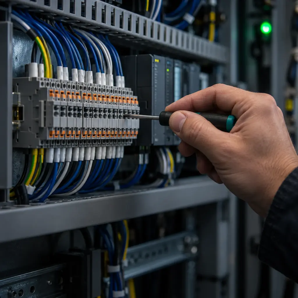 A close view of a terminal strip, ferruled field wires landed in tidy rows while a hand steadies a screwdriver against one terminal.