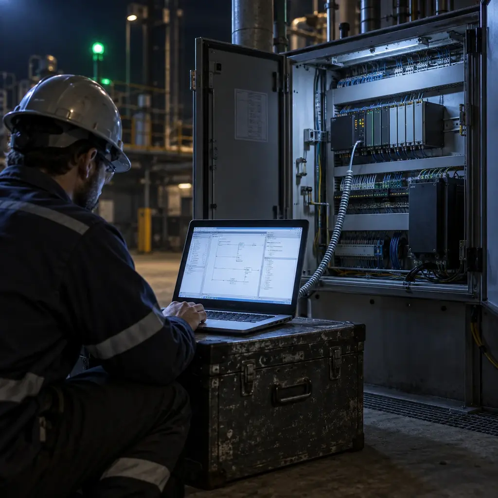 A laptop propped on a steel toolbox in front of an open panel, its glow lighting the cabinet while a coiled cable runs from it into the rack.