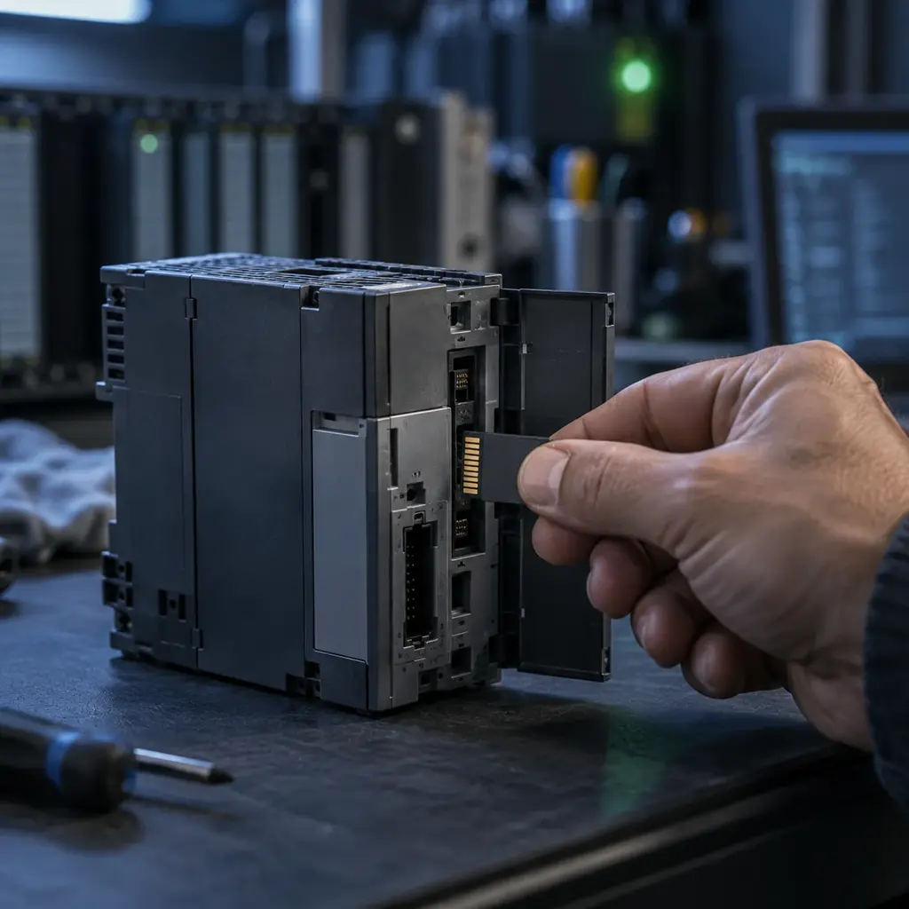 A hand seats a small memory card into a PLC processor module resting on a workbench mat, the connector pins sharp in the light.