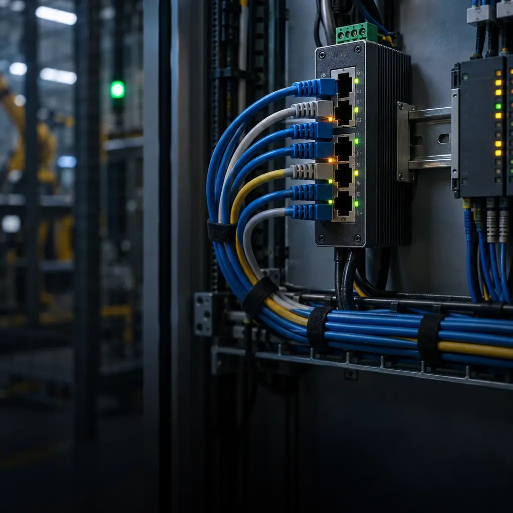An industrial switch on DIN rail with a fan of patch cables landing in it, link lights alive and the run dressed tight below.