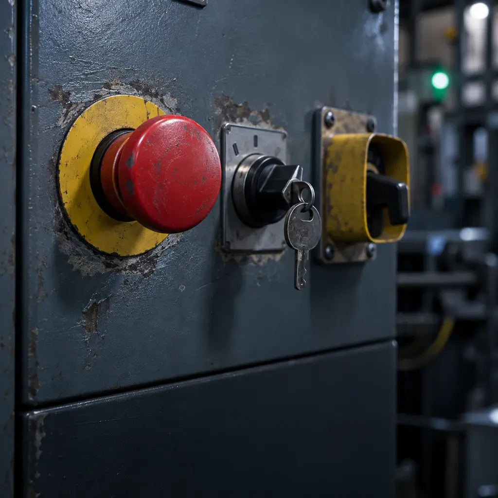 A panel door up close: a red mushroom emergency stop, a keyed mode selector and a guarded switch, the paint worn thin where hands go.