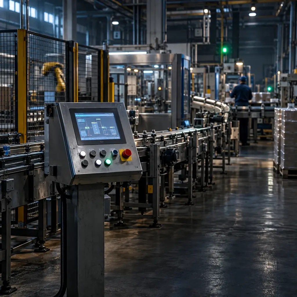 A plant floor seen down a line of machines, an operator panel on its pedestal in front and conveyors receding into the hall.