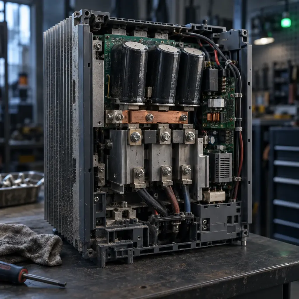 A variable frequency drive opened on a bench, bus capacitors and heatsink exposed, the fins carrying the dust of real service.