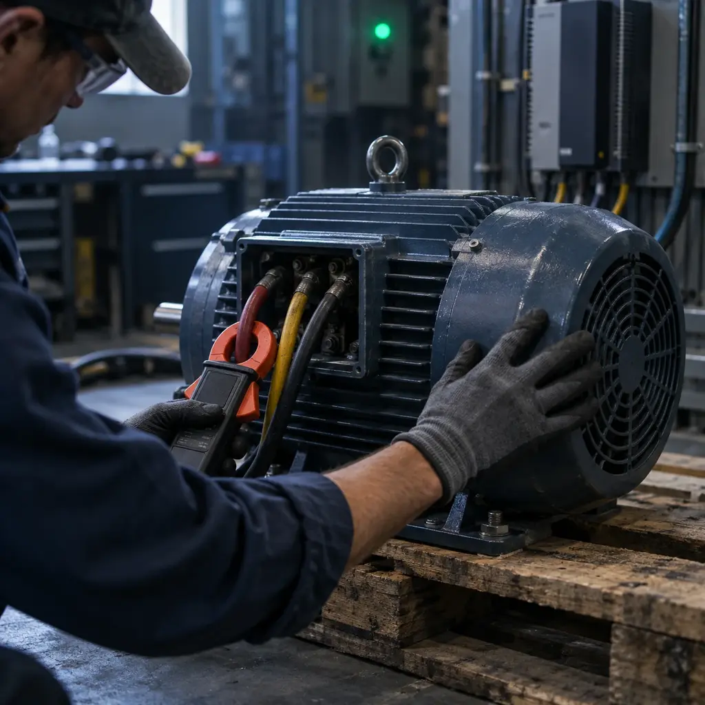 A three phase motor on a workshop pallet, a clamp meter hooked over one lead and a hand steadying the fan cowl.