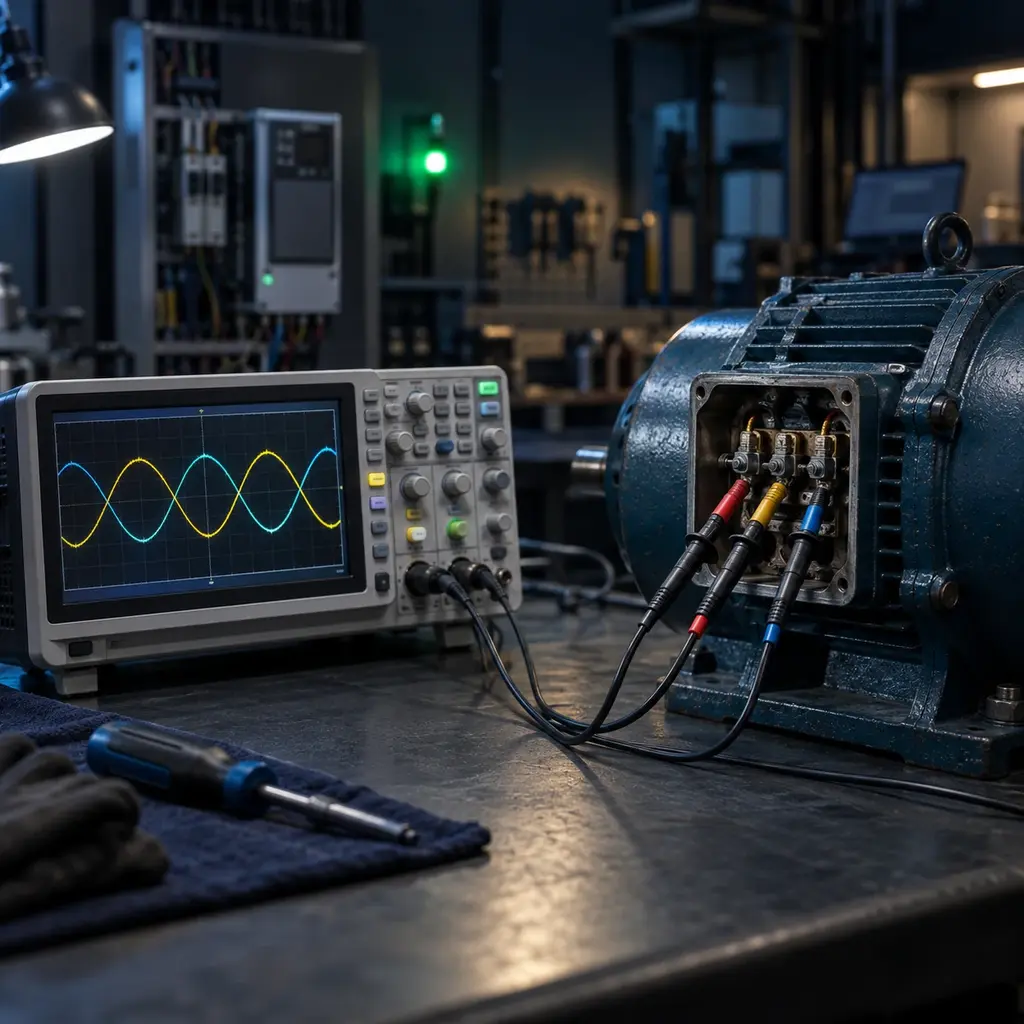 An oscilloscope glowing in a darkened lab, a clean waveform on its screen and probe leads clipped into the motor terminal box behind.