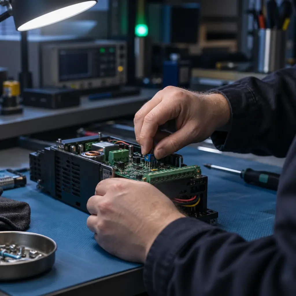 Hands adjust a small potentiometer on a drive control board laid out on an anti static mat under a bench lamp.