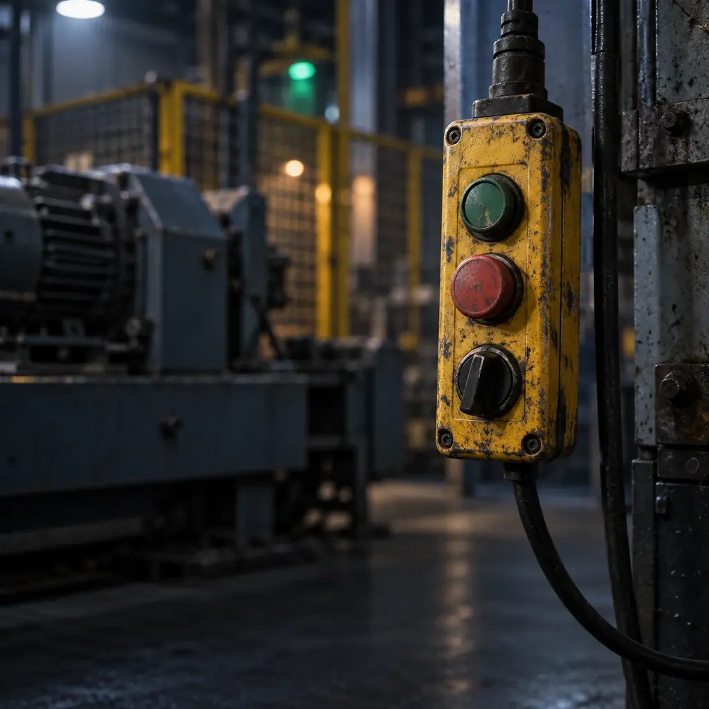A pendant control station beside a machine, green and red pushbuttons worn smooth and its cable curling down out of frame.