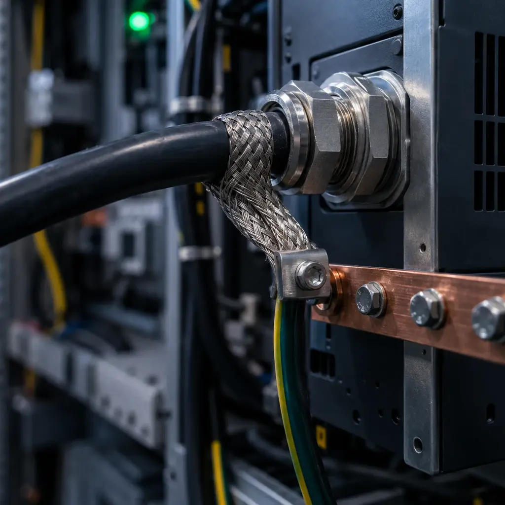 A shielded motor cable enters a drive through a metal gland, its braid fanned out and clamped to the grounding bar.