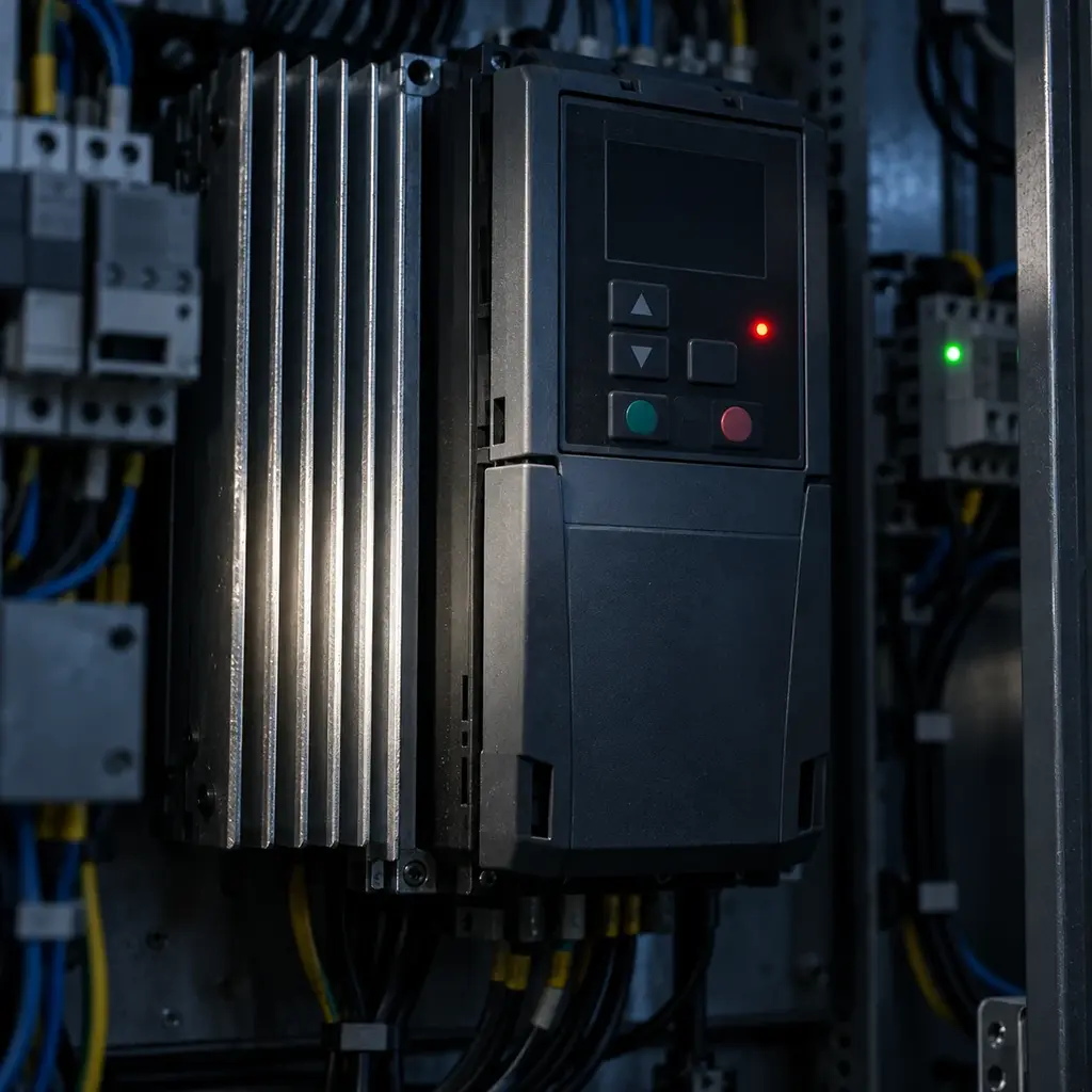 A single red indicator burns on a drive front panel in a darkened cabinet, a torch beam raking low across the heatsink fins beside it.