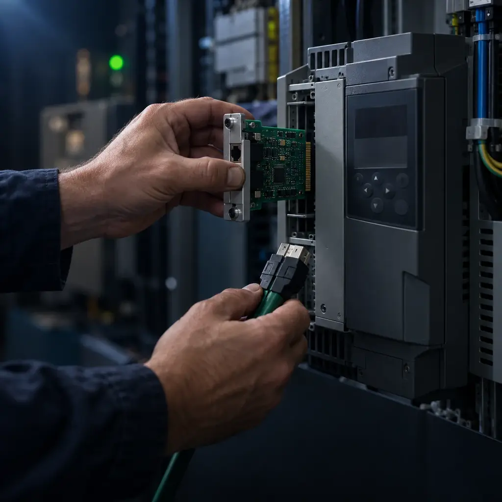 A communications card slides into a drive's expansion slot, its edge connector and a fieldbus plug steady in the other hand.
