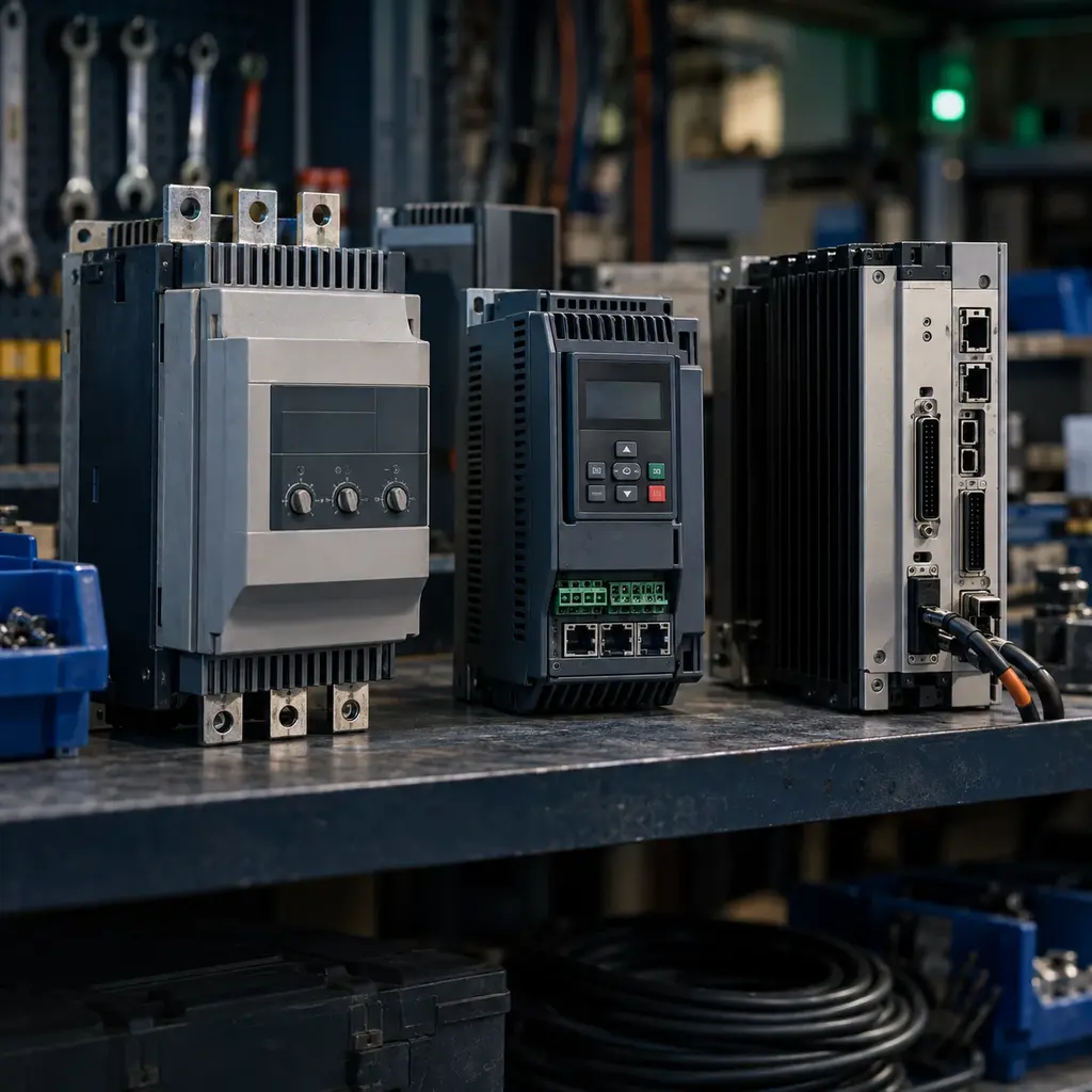A workshop shelf lined with drive units side by side, a soft starter, a compact drive and a servo amplifier, each with its own fins and connectors.