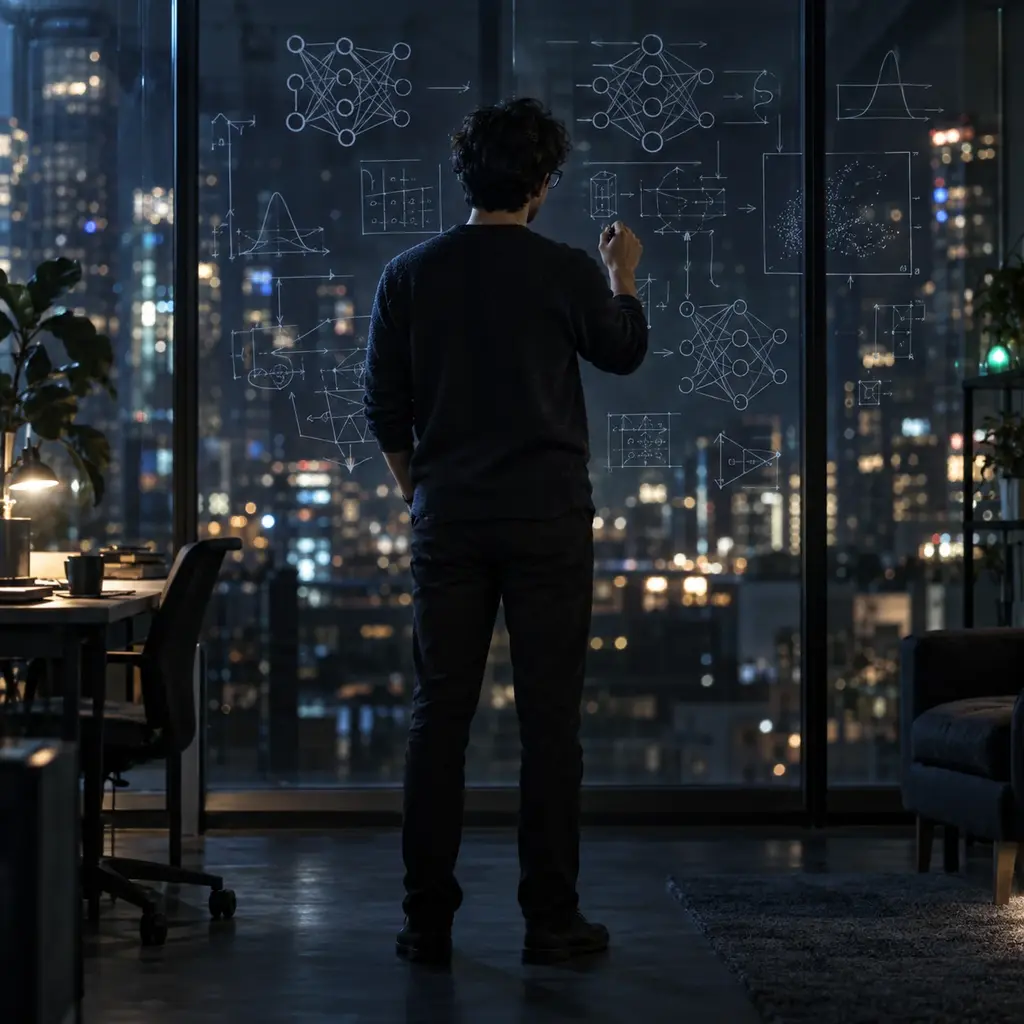 A researcher stands with their back to us at a glass wall scrawled with neural network diagrams and equations in marker, city lights burning through it in a dark office.