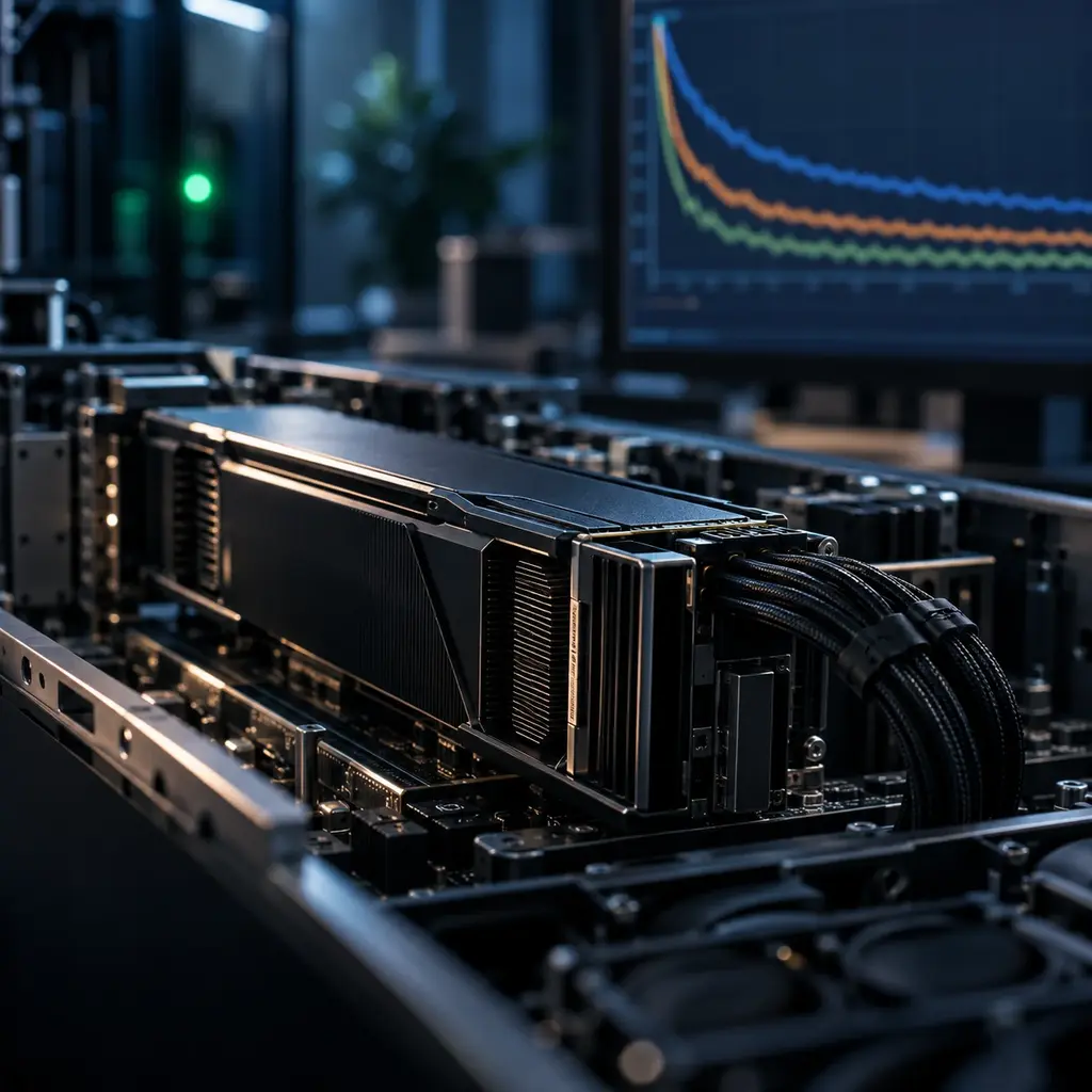 A close look at a GPU accelerator seated in an open server chassis, heatsink fins and power cabling sharp in front, training loss curves going soft on a screen behind.