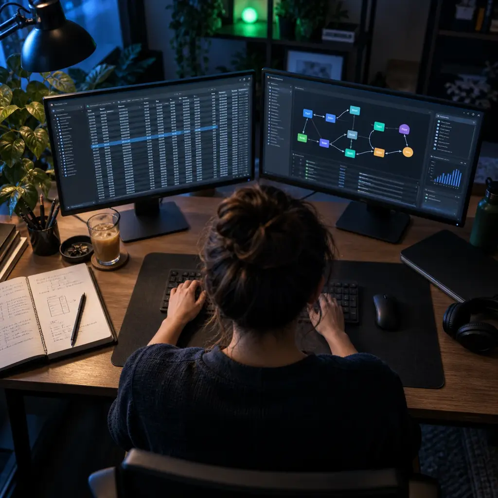 A data engineer's desk from overhead: two monitors of tabular data and a pipeline graph, a notebook of column notes, hands on the keyboard and a coffee that went cold hours ago.