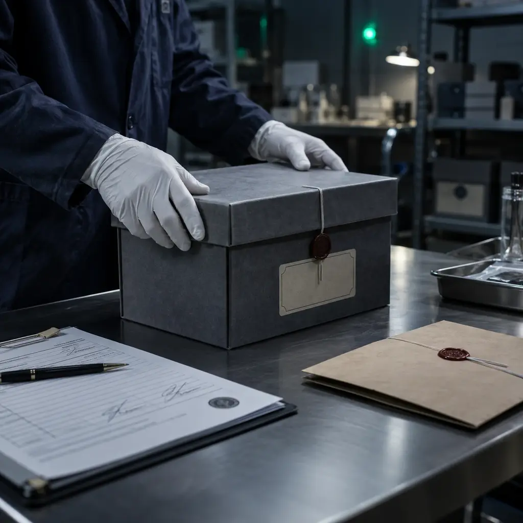 Gloved hands close a numbered evidence box on a steel table, a signed chain of custody form and a wax sealed folder waiting beside it under cold overhead light.