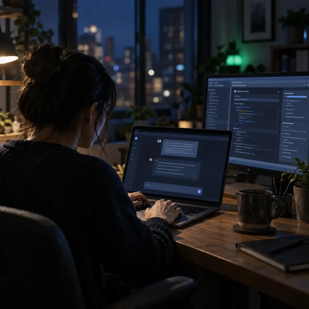 Over someone's shoulder as they type a prompt into a chat window late at night, API documentation glowing on the second screen.