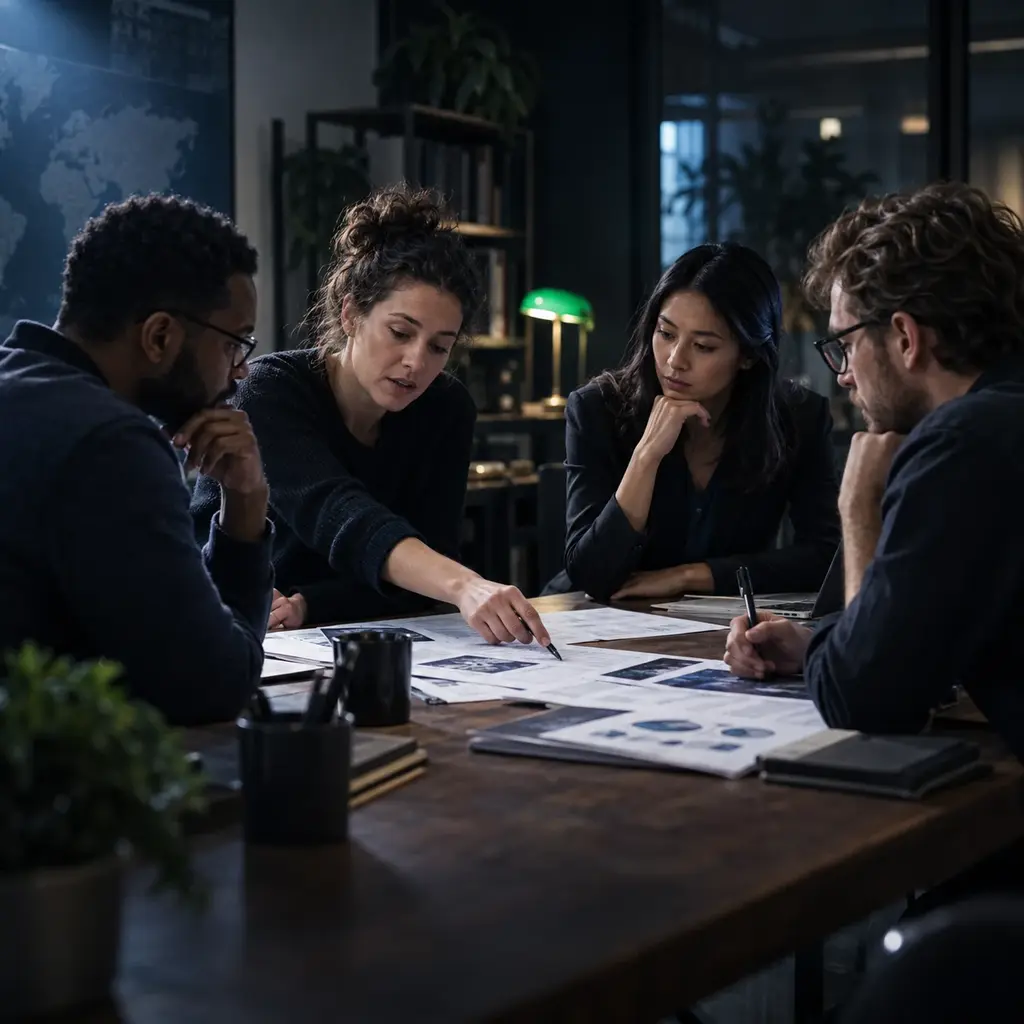 Four colleagues mid discussion around a table strewn with printed reports and marked up pages, one of them gesturing at a line that clearly matters.