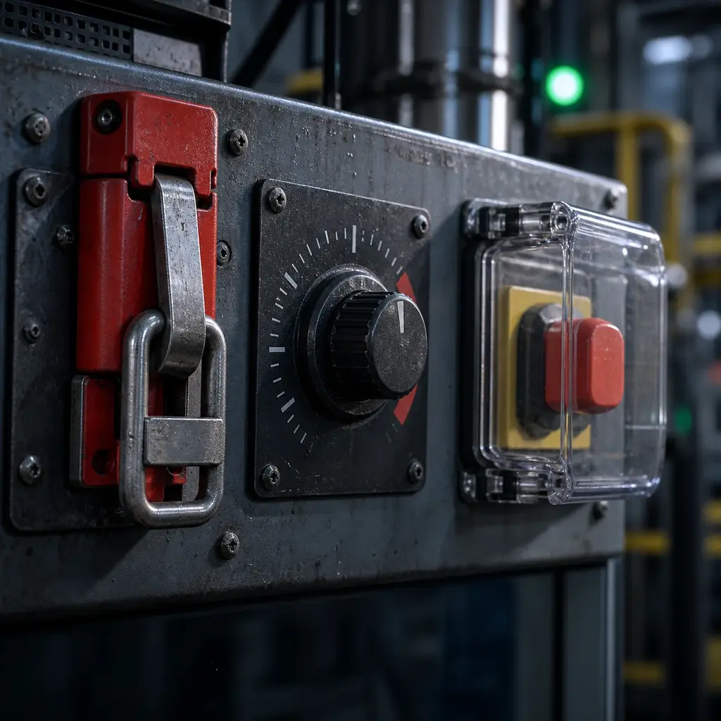 An industrial control panel up close: a physical safety interlock, a limit dial and a guarded switch under a clear cover, the metal wearing its years honestly.