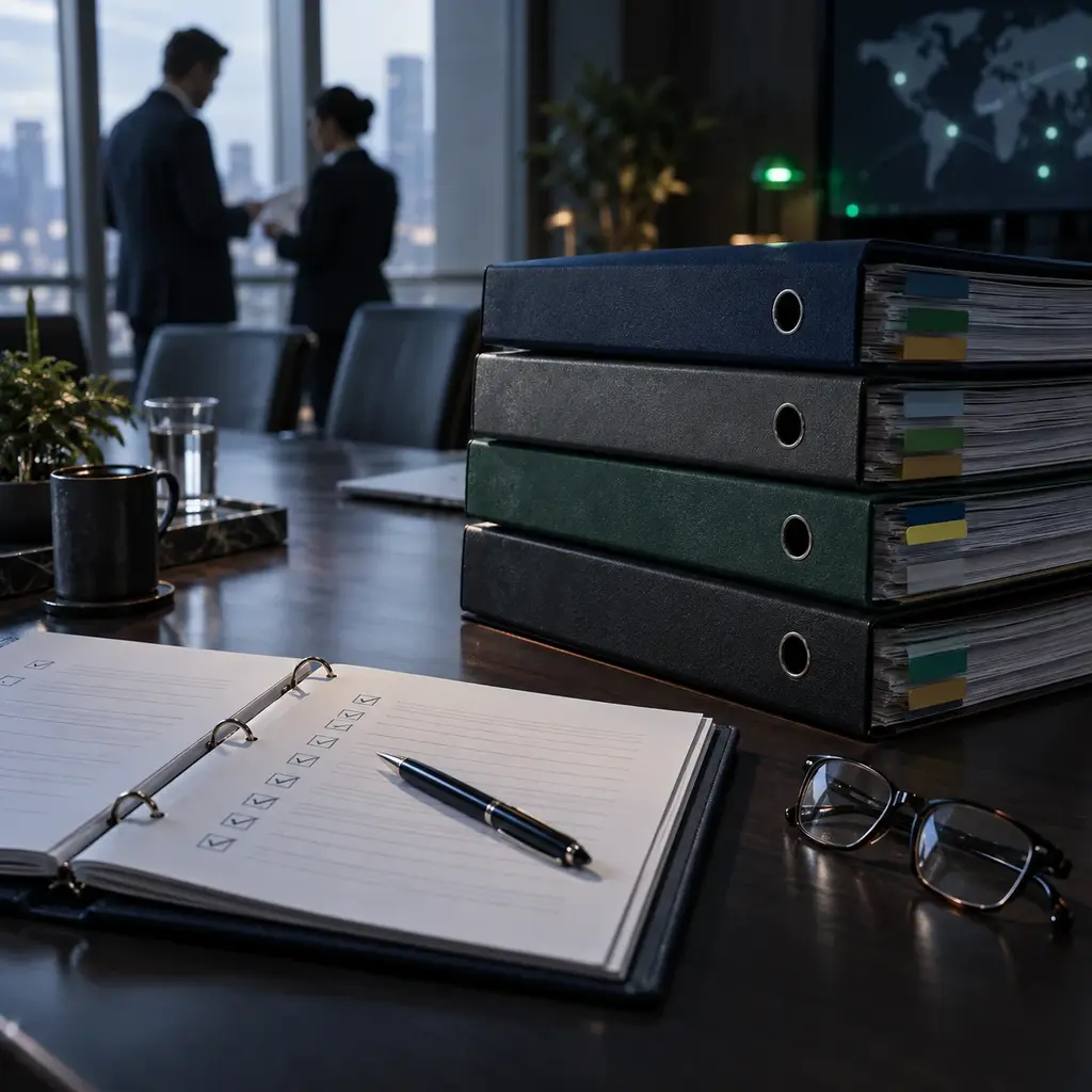 A tall stack of tabbed compliance binders on a boardroom table beside an open audit checklist ticked in pen, reading glasses set down mid page in low window light.