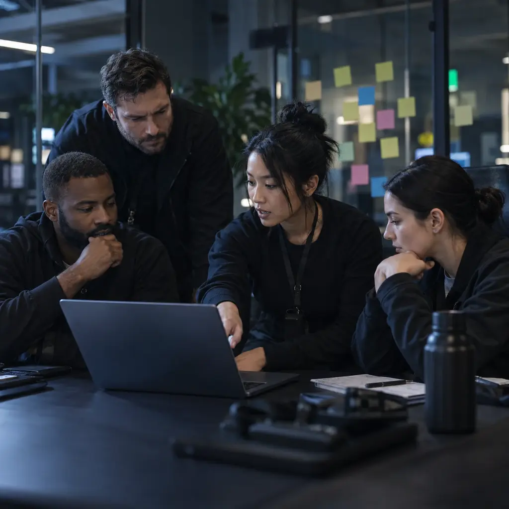 A security team gathered around one desk mid handover, someone pointing at a laptop while a glass wall of sticky notes keeps score behind them.