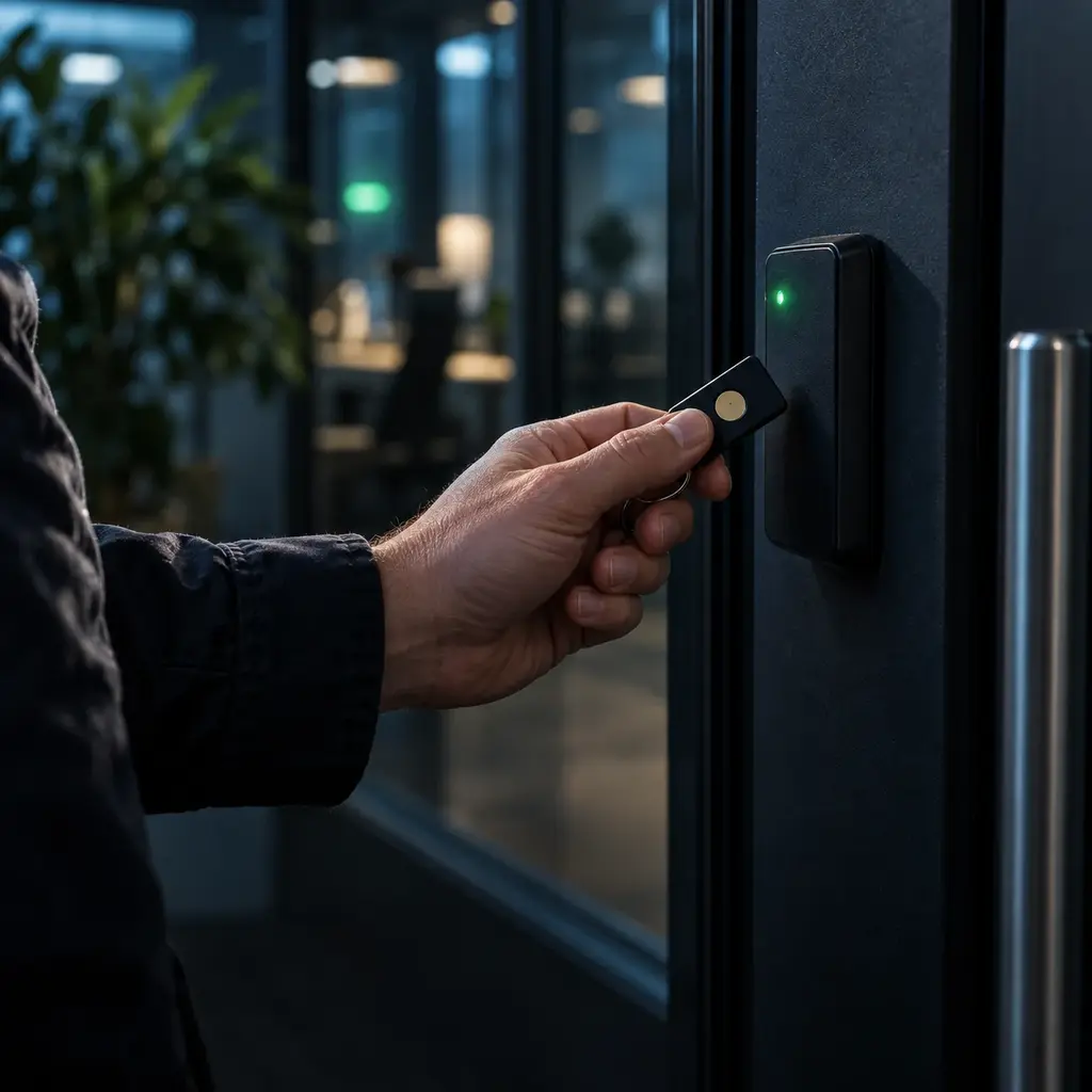 A hand holds a hardware security key up to a badge reader beside a door, close enough to catch the reader's small green light.