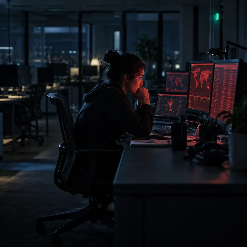 A lone analyst at a darkened desk, face washed red by a screen full of intrusion alerts, the rest of the office long since gone home.